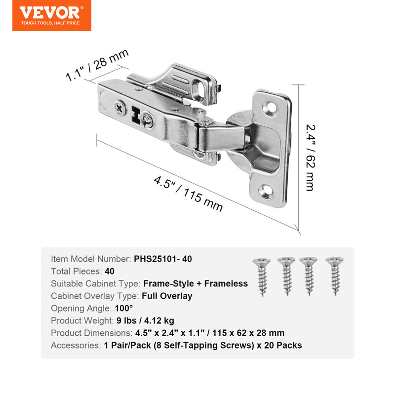 Cabinet Door Hinges Full Overlay Soft Close for Framed/Frameless, 40