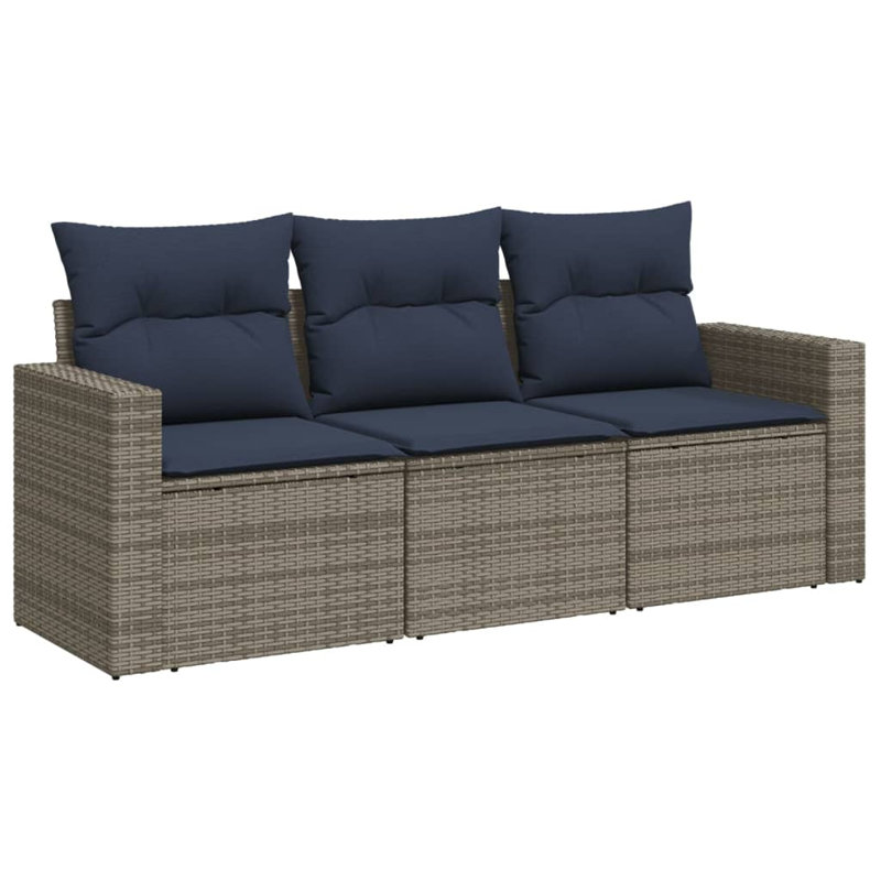 Ebern Designs 3 Piece Patio Sofa Set With Cushions Black Poly Rattan, Navy Blue Cushion/ Gray Frame