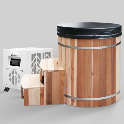 36" Cold Plunge Ice Bucket with Cooler， Natural Cedar, Filtered Circulation System, 304 Stainless Steel Interior，ozone purification