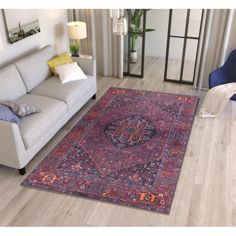Tapis décoratif bourgogne à motif oriental rétro, Rectangle 3 pi 10 po x 5 pi 3 po