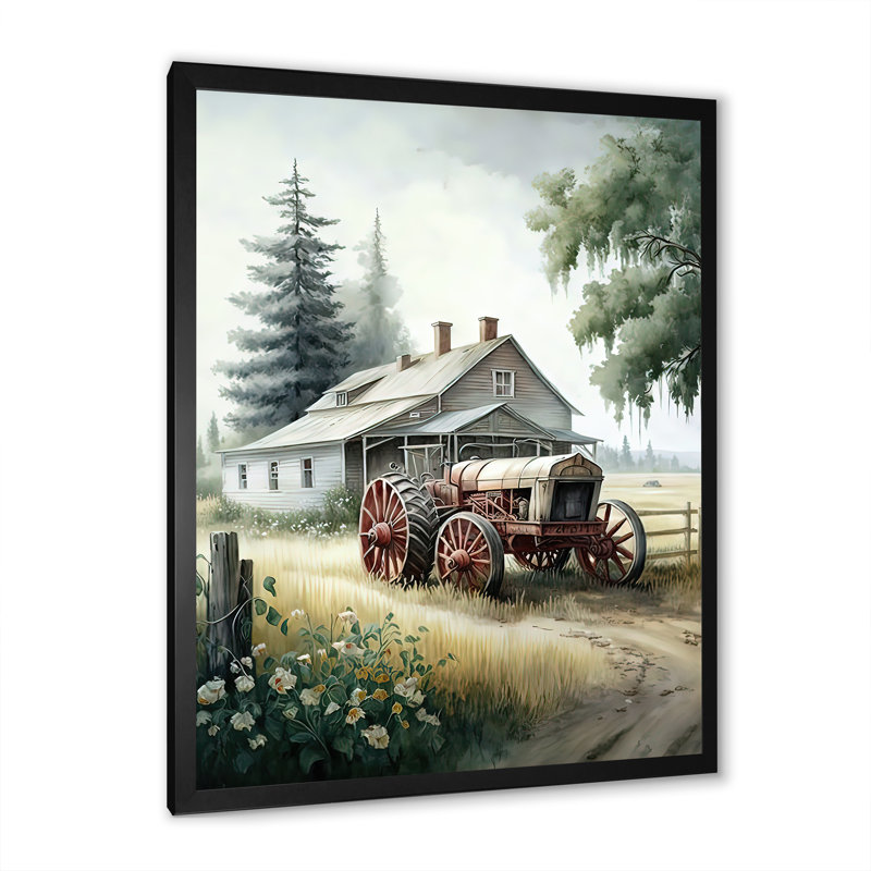 «Tractor at the Barn in Summer I», reproduction sur toile, H 20 po x l 12 po x P 1 po, Cadre noir