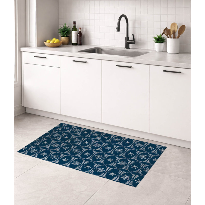 Tapis de cuisine Snowflake, Rectangulaire 3 pi x 5 pi, Bleu très foncé