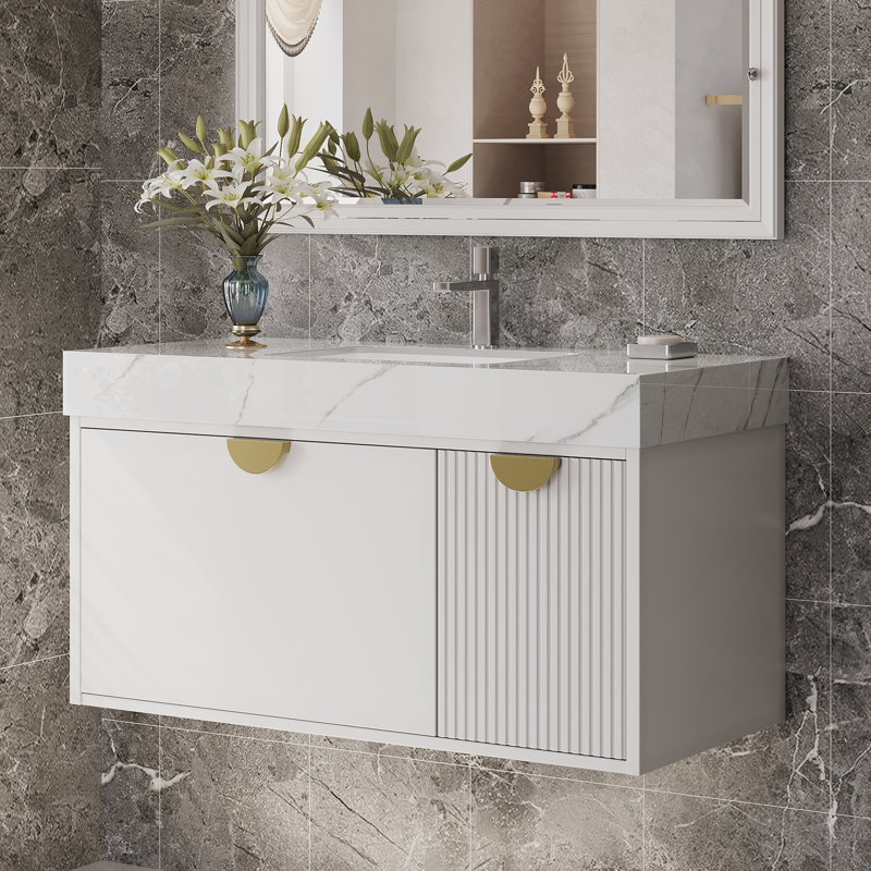 36'' Floating Vanity Bathroom, Modern Single Sink Bathroom Vanity with Drawers and Ceramic Basin, White