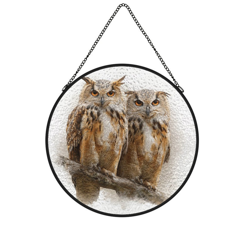 Deux hiboux majestueux perchés sur une branche vitrail Suncatcher pour décor de fenêtre, 3.5x3.5in(9x9cm)