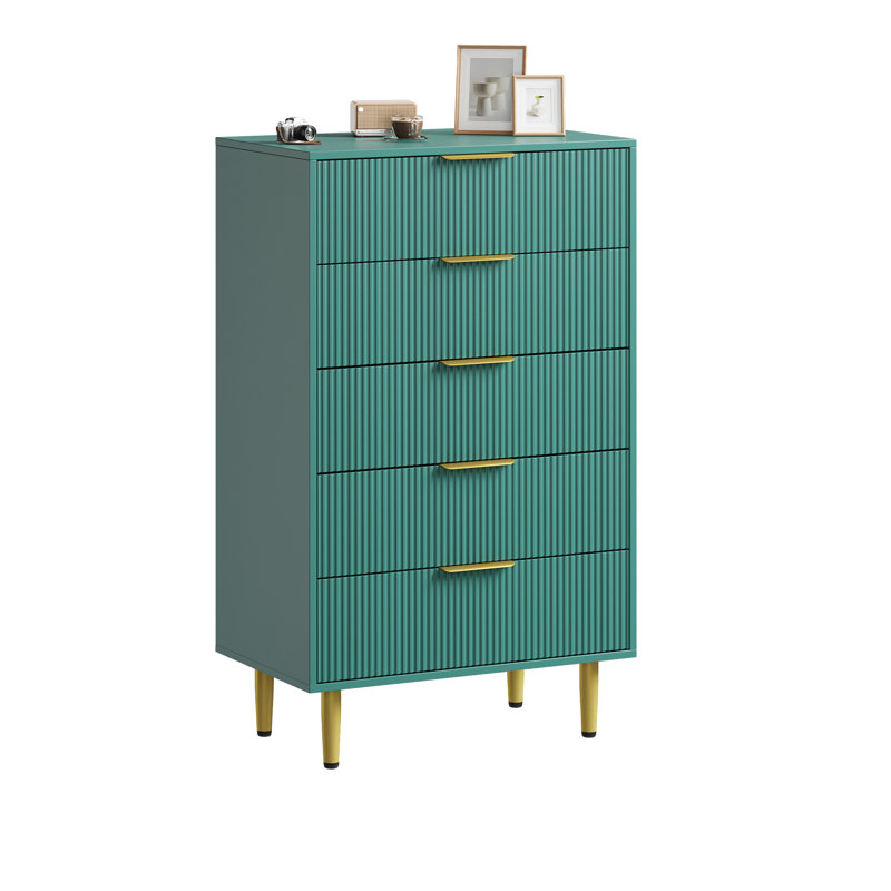 Commode à tiroirs cannelée moderne, commode en bois avec poignées et pieds en métal, rangement, Vert