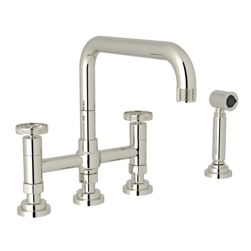 Campo™ Bridge Faucet With Sidespray, Polished Nickel, Wheel Handle