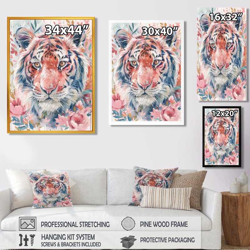 Décoration murale en forme de tigre rose et blanc Blooms II - tigre, Toile tendue, H 24 po x l 32 po