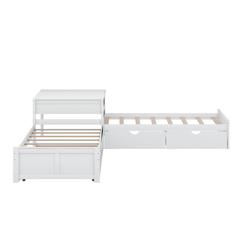 Lit plateforme simple en L avec lit gigogne, bureau et tiroirs, Blanc