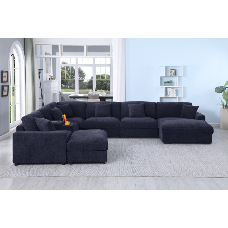 Canapé modulaire en chenille pour 8 personnes avec console et 2 repose-pieds, Chenille bleu foncé