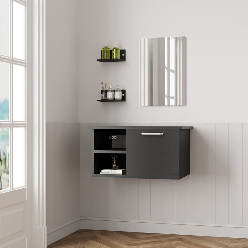 28 In. W X 19 In. D X 16 In. H Bathroom Vanity In Black With Sink And Black Solid Surface Top And Mirror