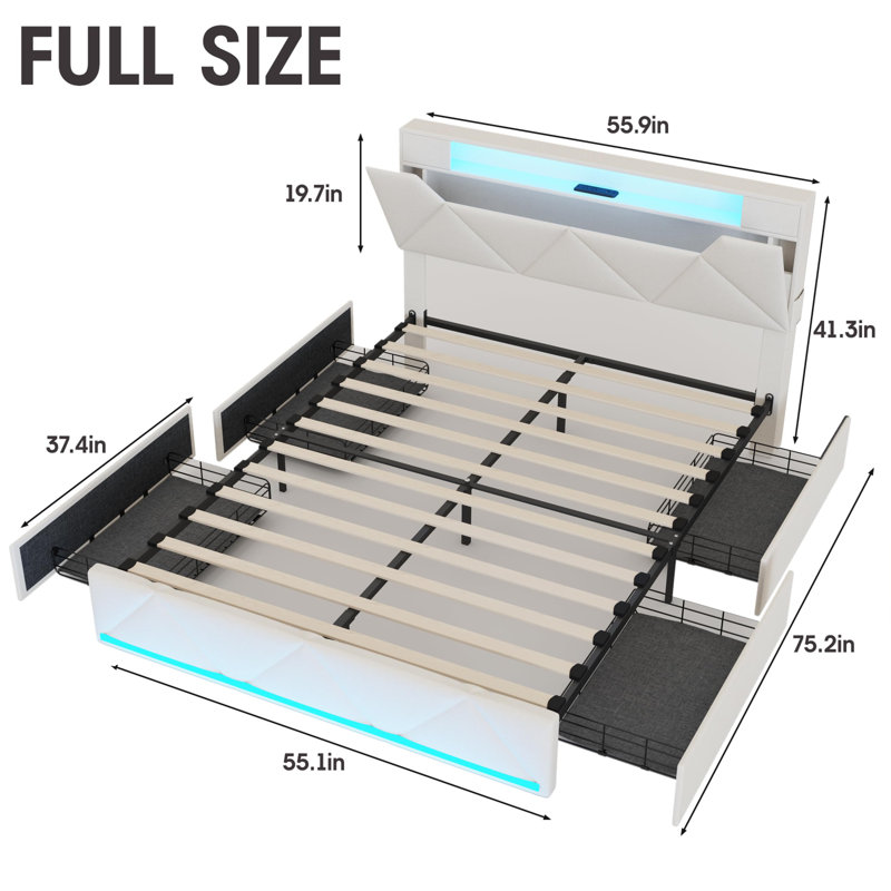 Bed Frame With Storage Headboard And 4 Drawers, Full, Beige