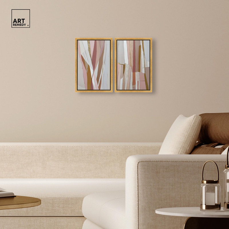 Gilded Stripes Duo Canvas Print Boho Beige Wall Art Set by Art Remedy, Black Frame, 10 x 15, Gold Frame, 16" H x 11" W