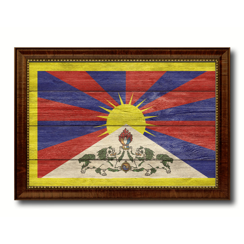 « tibet country flag », peinture sur toile encadrée, H 15 po x l 21 po x P 1 po, Brun