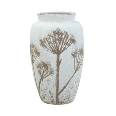 Vase cylindrique en céramique blanche avec motif floral sauvage brun, 13,8 po
