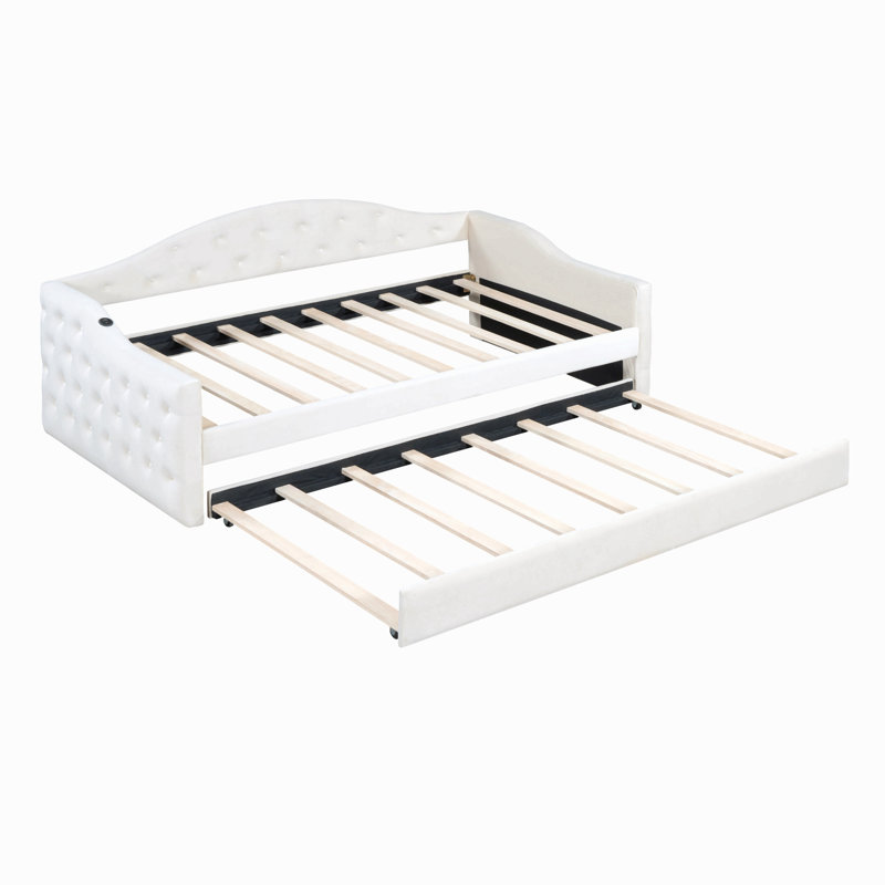 Twin Size Tufted Upholstered Daybed With Trundle ,Velvet Sofabed With Usb&Type-C Charging Ports, Beige, Twin