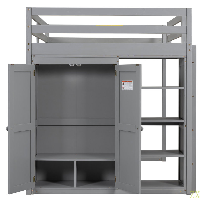 Lit mezzanine double en bois avec garde-robe intégrée et tablettes de rangement, lumière DEL, Grey