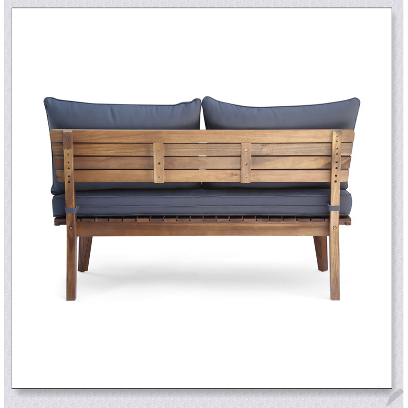 Causeuse d'extérieur en bois d'acacia de style Mid-Century avec coussins résistants aux intempéries, parfaite pour le patio et la terrasse