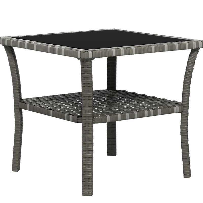 Tempered Glass Outdoor End Table, 2 Storage, Grey , Aluminum Frame Coffee Table For Outdoor, Pe Grey,