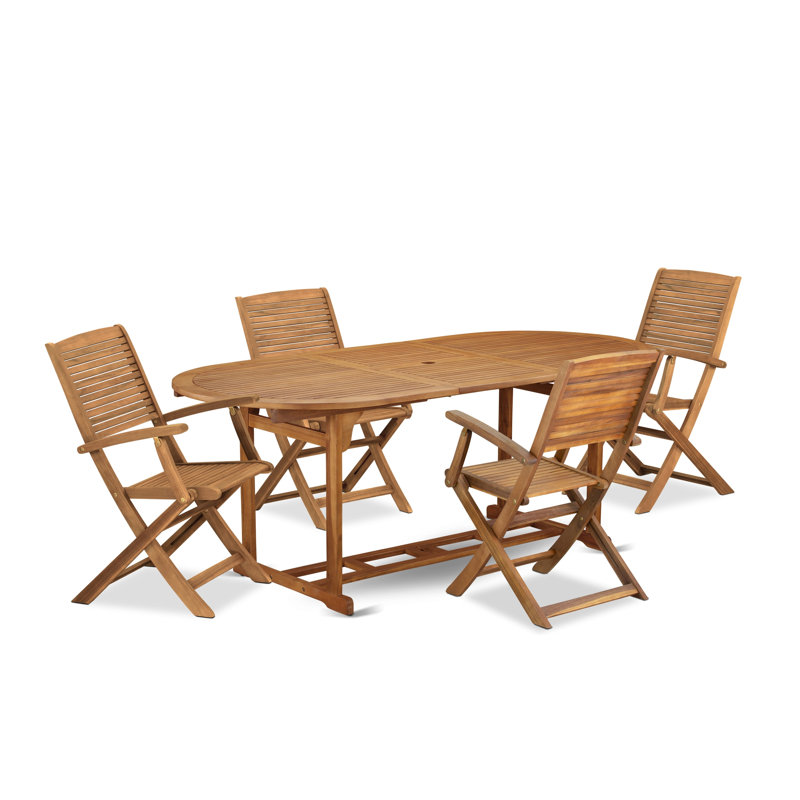 Les ensembles de salle à manger d'extérieur 5 pièces comprennent une table ovale en bois d'acacia et 4 chaises pliantes à accoudoirs, huile naturelle