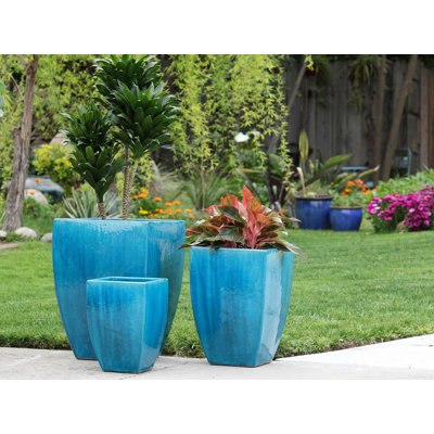 Tall Milano Square Glazed Ceramic Planter Pot, Set of 3 - Indoor Outdoor