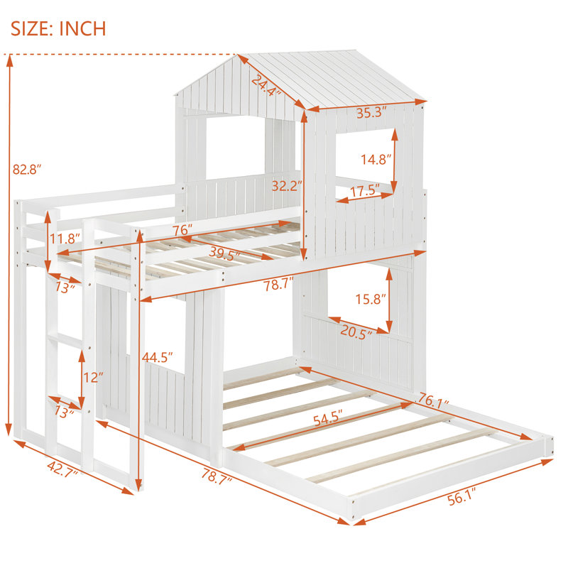Topanga Twin Over Full House Bunk Bed Frame with Playhouse Roof, Windows and Reversible Ladder, White