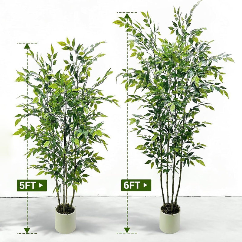 Arbre à ficus artificiel de 6 pi de hauteur avec pot à fleurs en plastique blanc et mousse verte, plantes artificielles avec feuilles de soie réalistes, arbre artificiel résistant aux rayons UV pour la maison, le bureau et le jardin