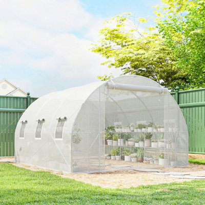 10'x11'x6' Walk-in Tunnel Greenhouse with Shelves, Mesh Door and Windows, Hoop House Greenhouse with PE Cover, Outdoor Green House for Patio Lawn Garden, White