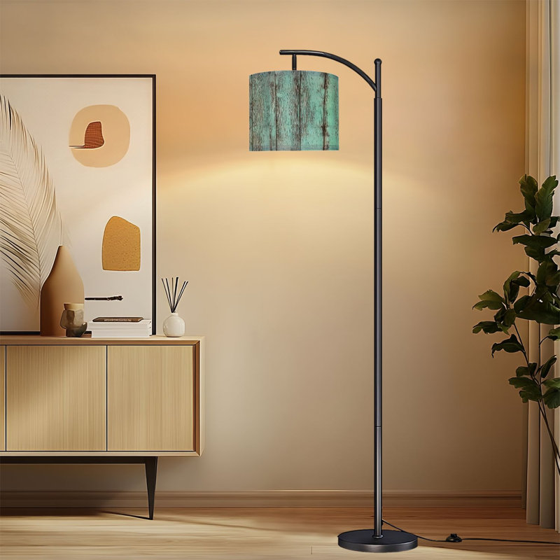 Lampe sur pied à arc avec abat-jour réglable, planches de bois turquoise, lampe sur pied à texture délavée rustique, 3 températures de couleur, gradateur haut, avec interrupteur au pied pour la chambre à coucher
