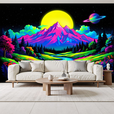 Papier peint adhésif à peler et coller, paysage de montagne, rivière, néon, fleurs, ciel galactique, peintures murales magiques colorées, H 69 po x l 96 po, papier peint amovible en PVC, adhésif mural pour chambre à coucher, bureau à domicile