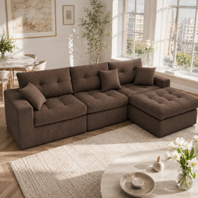 No Assembly Required L-Shaped Sectional Sofa with Corner Chaise Lounge, Premium Corduroy Fabric Cloud Couch with High-Resilience Compressed Sponge, Floor Daybed Couch