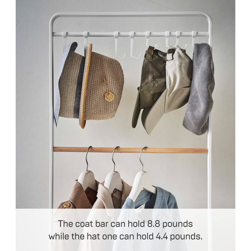 White Steel Freestanding Coat Rack with Wooden Bar and Hooks