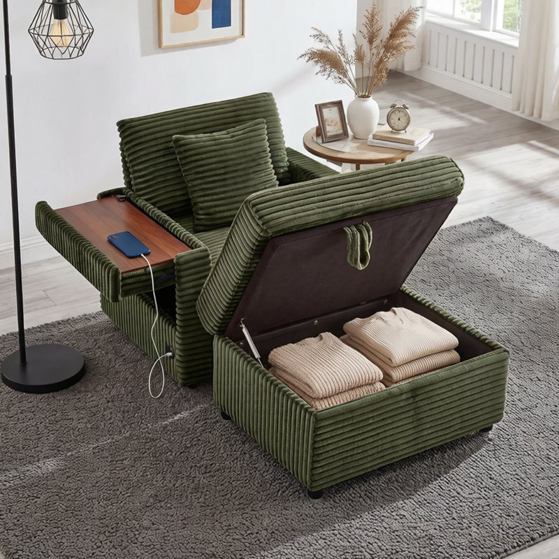 Chaise longue simple en velours côtelé avec repose-pieds avec rangement et panneau de chargement USB, vert, Vert