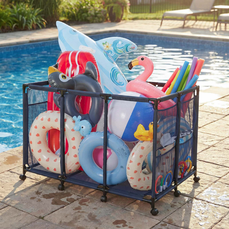 Pool Storage Bin, 48.8 x 32.7 x 32.7 in, Rolling Pool Float Storage Organizer with Side Pockets & Casters, Heavy Duty Metal Frame, Poolside Toys Noodles Holder Mesh Basket for Swimming Pools