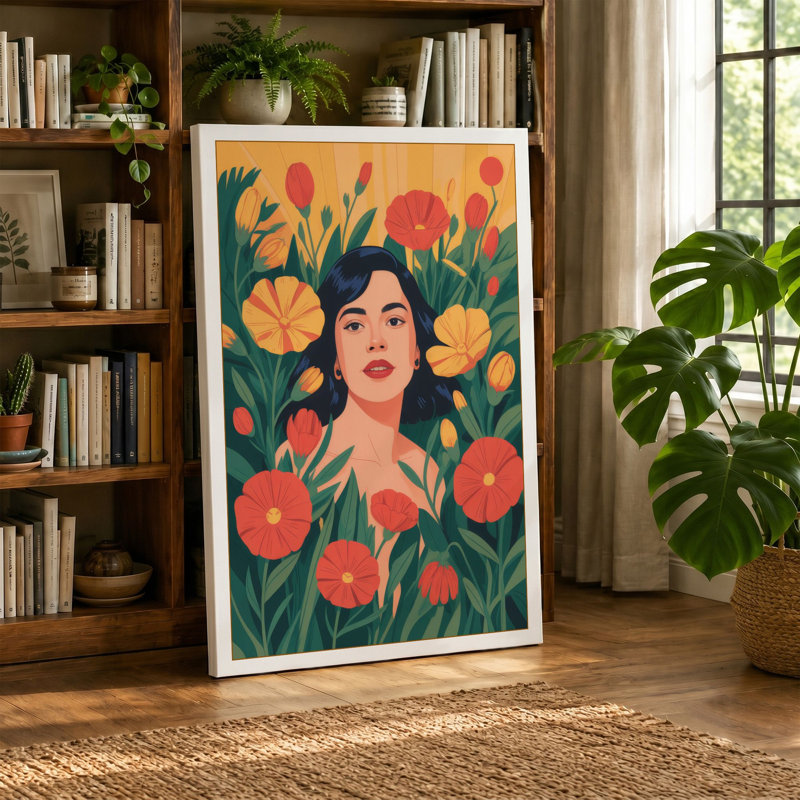 Woman Among Blooms Boho - Wrapped Canvas, 24x16 - 61.0 x 40.6 cm, Teal Border
