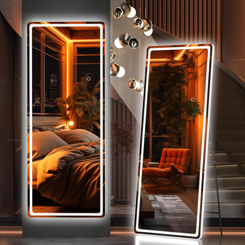 Modern & Contemporary Lighted Full Length Mirror, Black