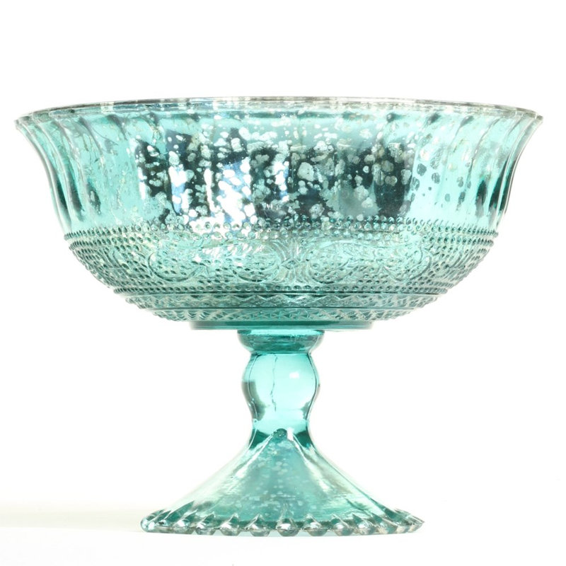 Bol décoratif en verre avec une piédestale, 7" H x 5" lx 5" p, Bleu Aqua