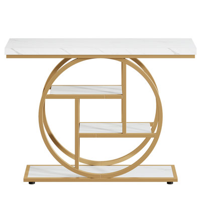 41.3" Industrial Console Table, 4-Tier Sofa Entryway Table With Circle Base, Modern Narrow Accent Table With Storage For Living Room, Hallway, Foyer, White & Gold Finish