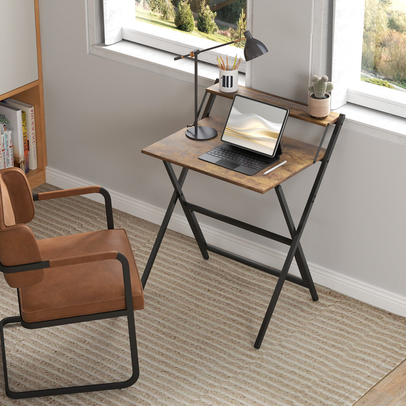 HOMCOM Folding Desk with Monitor Shelf Foldable, Walnut/Black, 86.5cm H x 70cm W x 62cm D