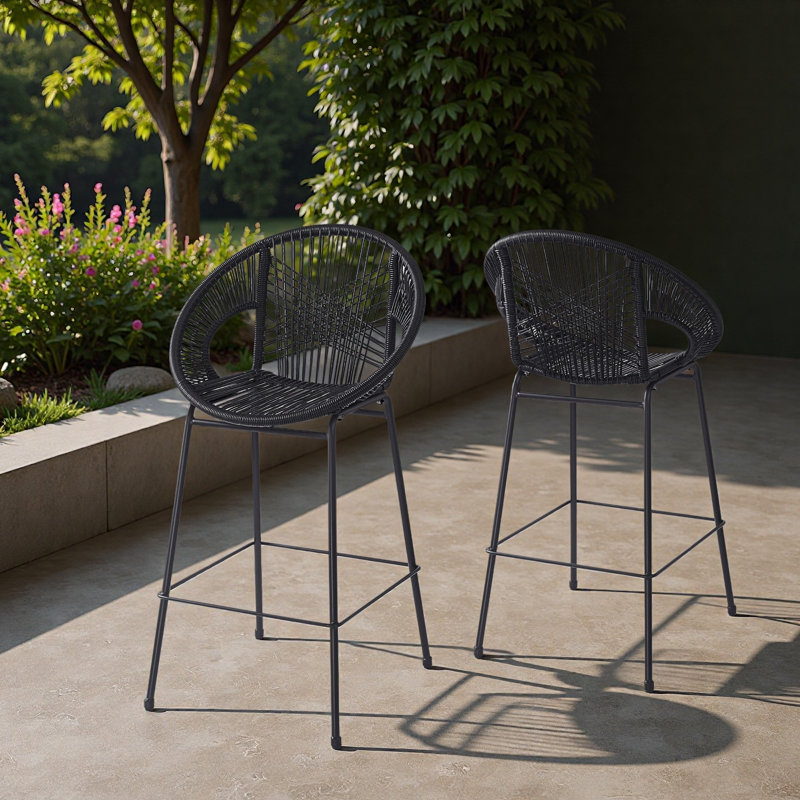 Tabouret de bar d'extérieur en faux osier, ensemble de 2, Noir