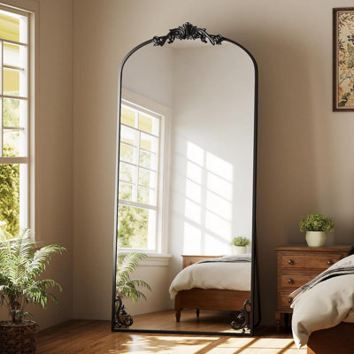 Arched Full Length Mirror, 32"x 71" Large Full Body Mirror with Vintage Carved Metal Frame for HomeDecor, Oversized Floor Mirror for Wall for Bedroom,