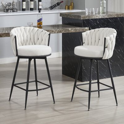 26" Swivel Upholstered Counter Stool with Hand-Woven Back