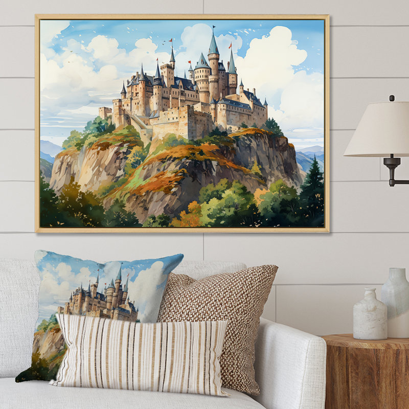 «French Castle Mountain Views - Châteaux», art mural, H 16 po x l 32 po x P 1 po, Cadre flottant blanc