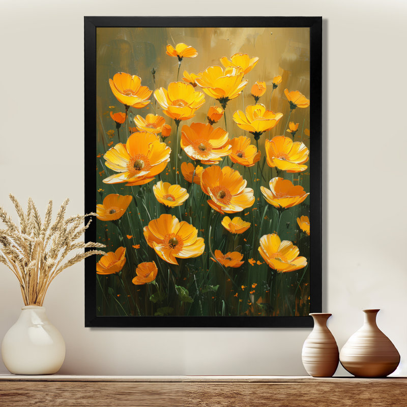 Reproduction d'art mural jaune et vert Sunlit Meadow VII - Bouton d'or, Toile encadrée noire simple