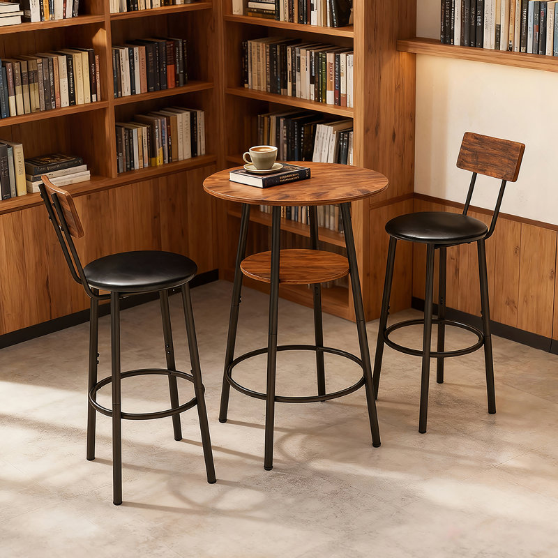 3 Pieces Round Bar Table And Chairs Set, Small Dining Table With 2-Tier Storage Shelf And 2 Upholstered Bar Stools