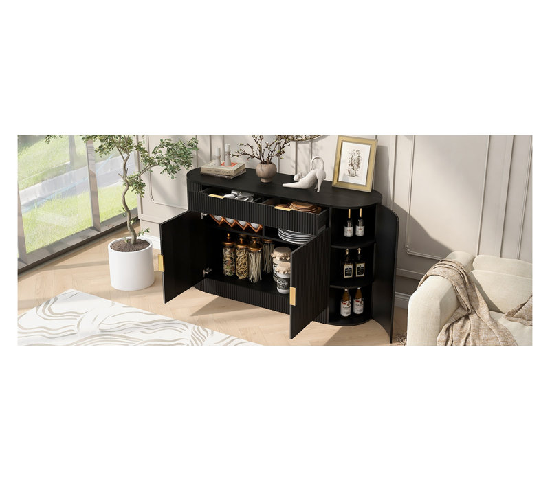 U_STYLE Armoire de rangement moderne de 55,1 po avec 2 portes et 2 tiroirs, console en panneau de fibres à densité moyenne noire pour le salon ou le vestibule