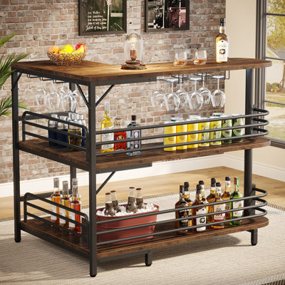 Cocheco 3 Tier Industrial Home Bar Unit L-Shaped Liquor Bar Table Corner Wine Bar Cabinet Mini Bars by 17 Stories