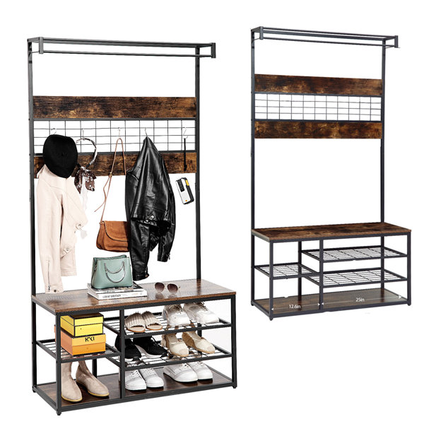 3-in-1 Entryway Bench With Coat Rack — Rustic Wood Hall Tree With Storage Shelf, 8 Hooks, Shoe Bench, Easy Assembly