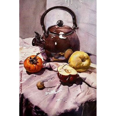 Peinture blanche sur bouilloire et fruits | Aquarelle sur papier