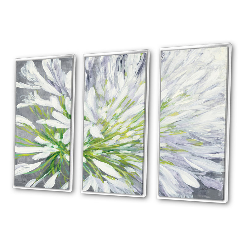 «Flower Cleome Splash II», ensemble d'art mural sur toile encadré traditionnel de 3, H 28 po x l 36 po, Blanc