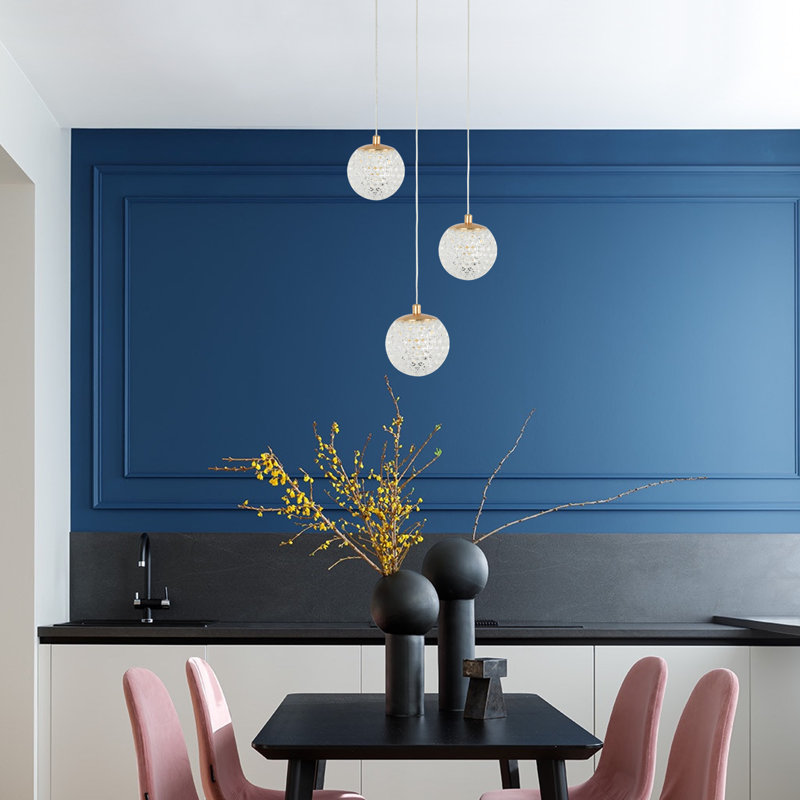 Luminaire suspendu en forme de globe à 3 lumières avec accents Crytal Covell, Or français